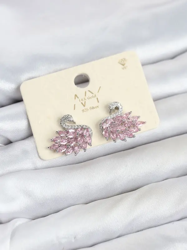 Pembe Zirkon Taşlı Gümüş Swan Kuğu Model Kadın Küpe