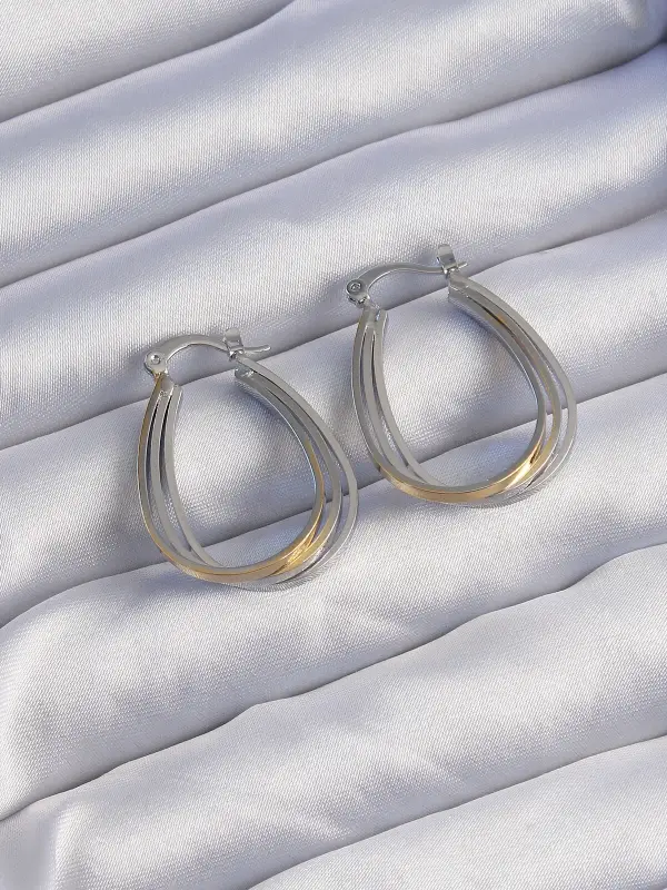 Pirinç Gold Gümüş Renkli Oval Çoklu Görünümlü Küpe
