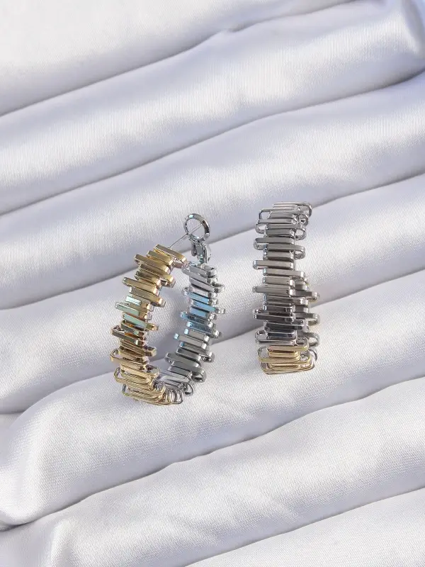 Pirinç Gold Gümüş Renkli Tırtıklı Halka Küpe