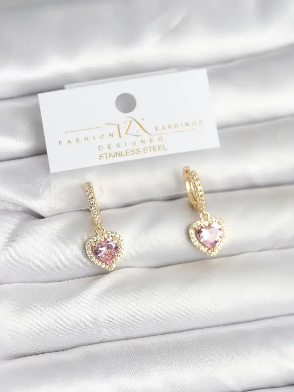 Pirinç Gold Pembe Renk Zirkon Taşlı Kalp Model Kadın Küpe