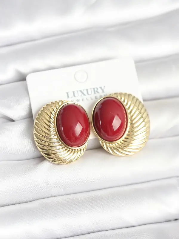 Pirinç Gold Renk Bordo Boncuklu Oval Vintage Kadın Küpe