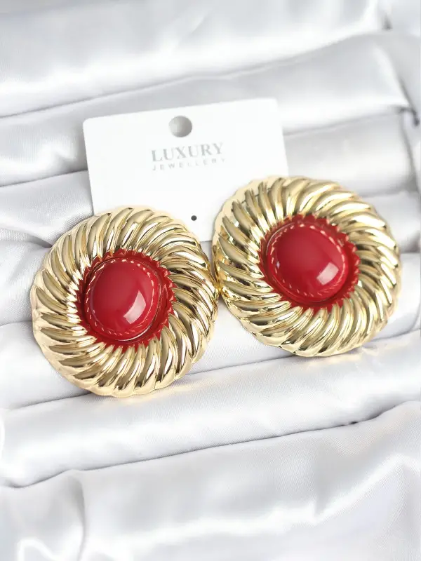 Pirinç Gold Renk Bordo Boncuklu Vintage Kadın Küpe