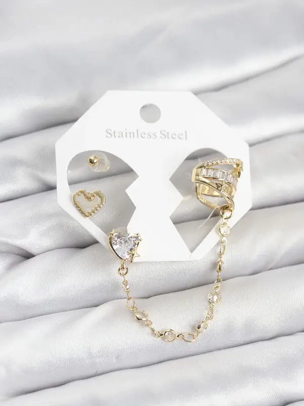 Pirinç Gold Renk Kalp Model Zincir Bağlantılı Ear Cuff Küpe Seti