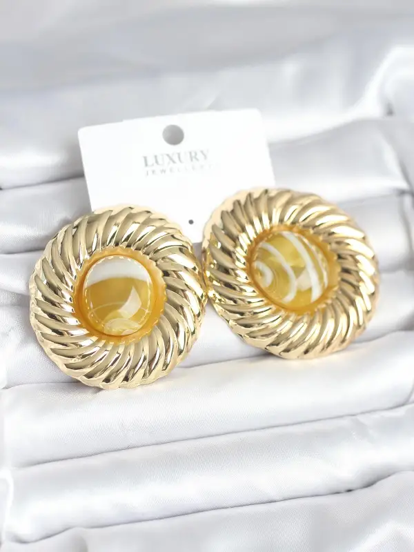 Pirinç Gold Renk Kehribar Boncuklu Vintage Kadın Küpe