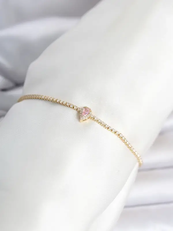 Pirinç Gold Renk Pembe Damla Model Su Yolu Kadın Bileklik