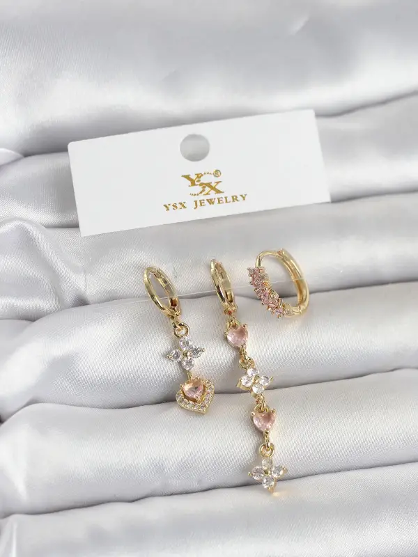Pirinç Gold Renk Pembe Zirkon Taşlı 3lü Kadın Küpe