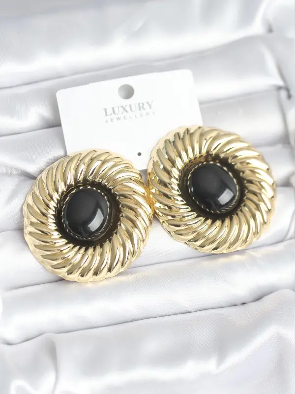 Pirinç Gold Renk Siyah Boncuklu Vintage Kadın Küpe
