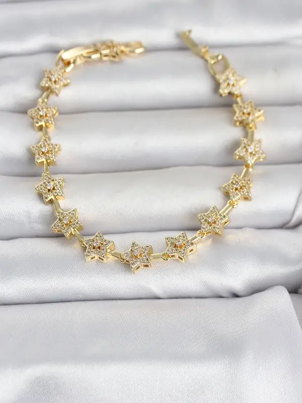 Pirinç Gold Renk Zirkon Taşlı Sıralı Yıldız Model Kadın Bileklik