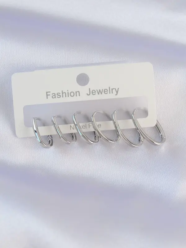 Pirinç Gümüş Renk İnce Oval Küpe Seti