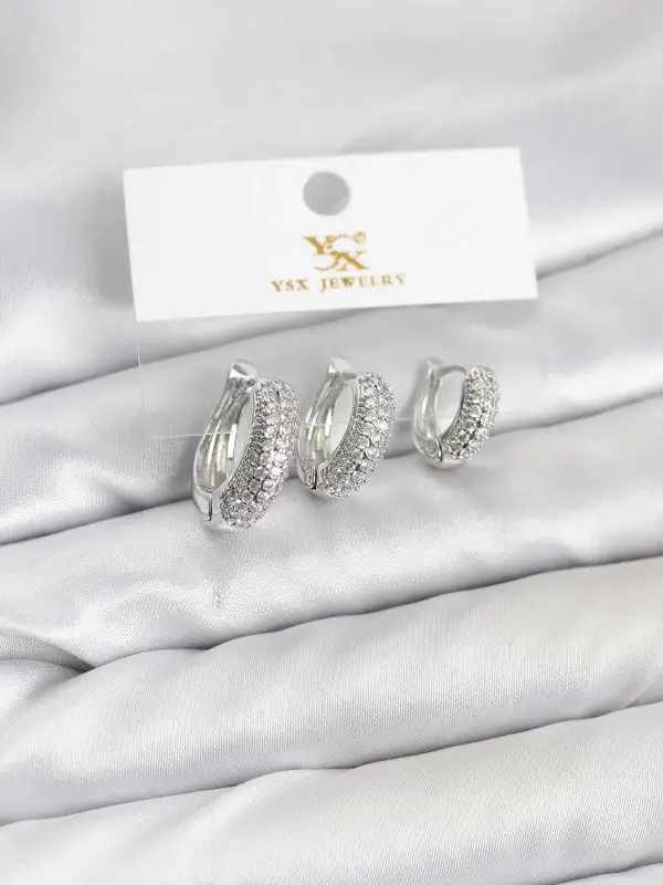 Pirinç Gümüş Renk Zirkon Taşlı Halka Model YSX Trio Küpe Seti