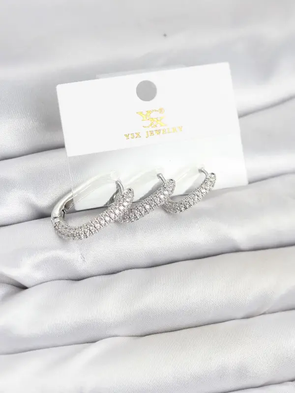 Pirinç Gümüş Renk Zirkon Taşlı Halka Model YSX Trio Küpe Seti