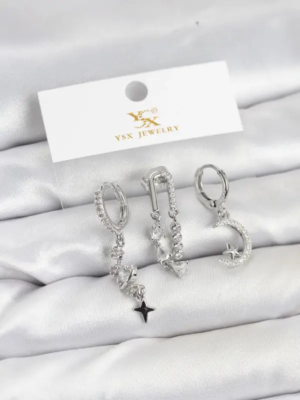 Pirinç Gümüş Renk Zirkon Taşlı Uzay Model YSX Trio Küpe Seti