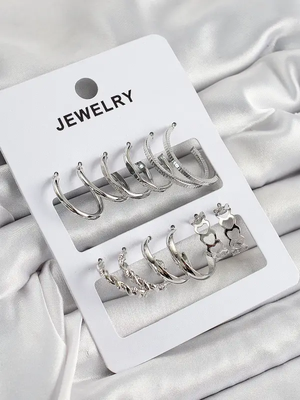 Pirinç Karışık Halka Model Gümüş Renk 6 Çift Kadın Küpe Set