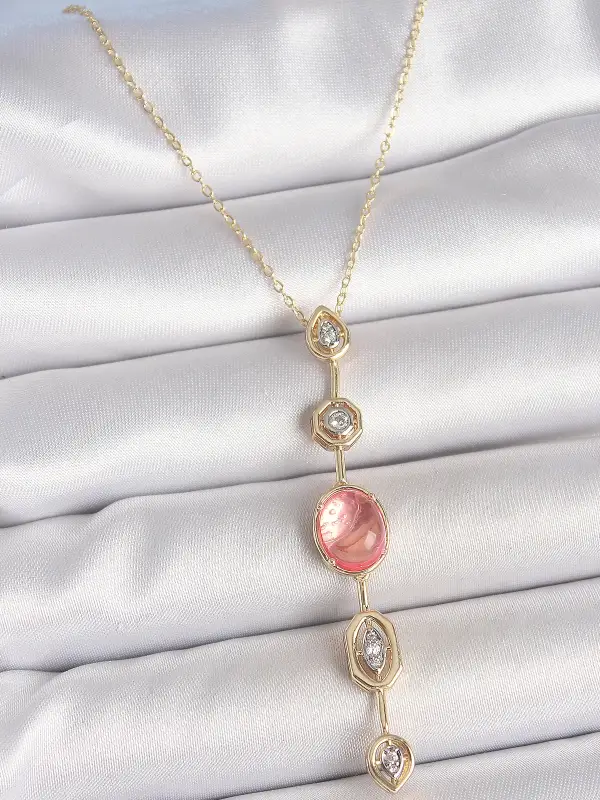 Pirinç Zincir Pembe Gold Renk Zirkon Taşlı Y Kolye