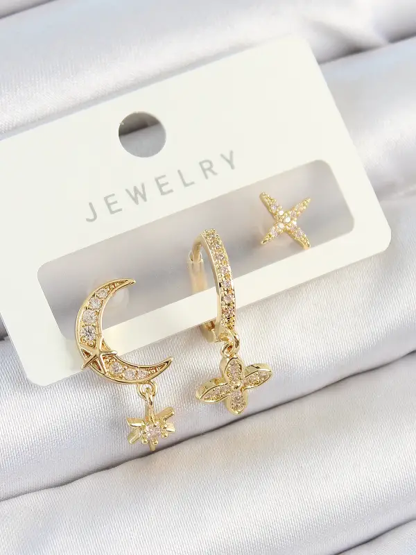 Pirinç Zirkon Taşlı Çiçek Ve Ay Model Gold Renk 3lü Çift Kadın Küpe Set
