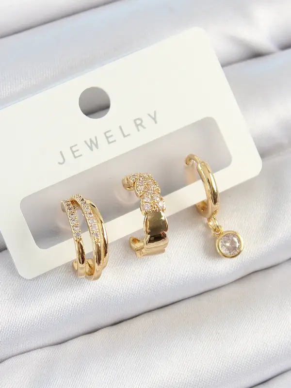 Pirinç Zirkon Taşlı Halka Model Gold Renk 3lü Çift Kadın Küpe Set