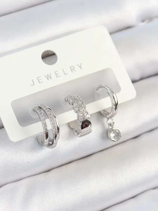 Pirinç Zirkon Taşlı Halka Model Gümüş Renk 3lü Çift Kadın Küpe Set