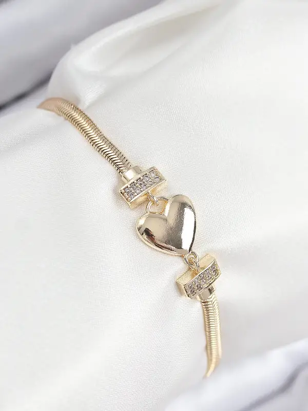 Pirinç Zirkon Taşlı Kalp Model Gold Renk Kadın Bileklik