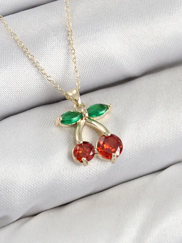 Pirinç Zirkon Taşlı Kiraz Model Gold Renk Kadın Kolye