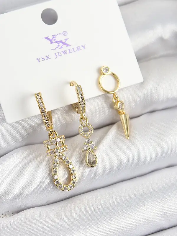Pirinç Zİrkon Taşlı Sallantılı Model Gold Renk 3lü Kadın Küpe