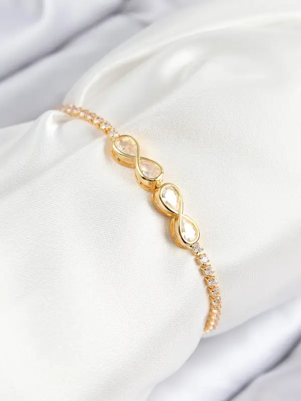 Pirinç Zirkon Taşlı Sonsuzluk Model Gold Renk Asansörlü Kadın Bileklik