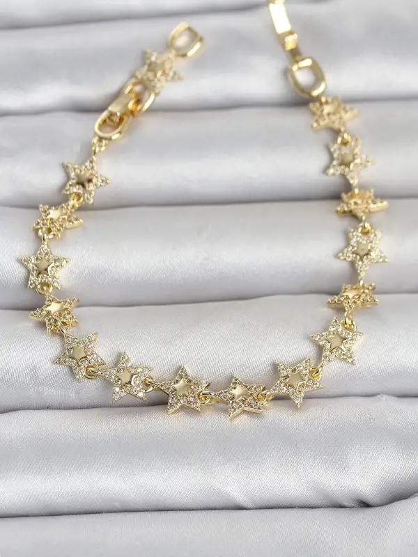 Sıralı Yıldız Model Zirkon Taşlı Gold Renk Pirinç Kadın Bileklik