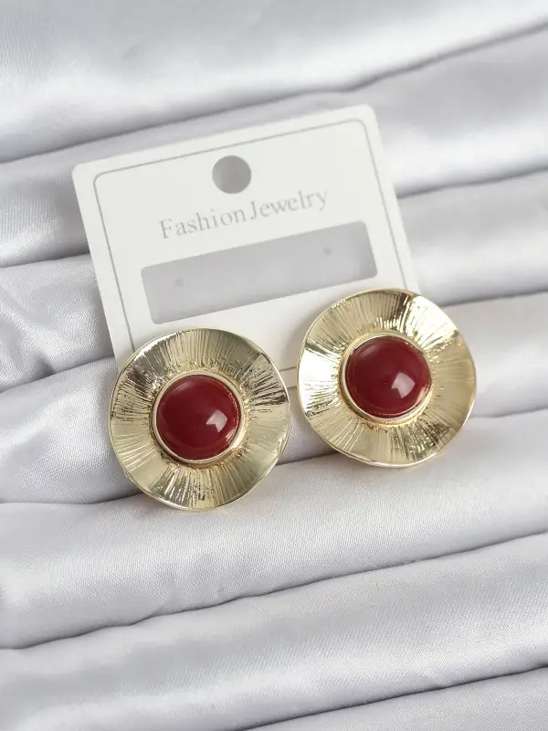 Vintage Model Bordo Gold Renk Pirinç Kadın Küpe