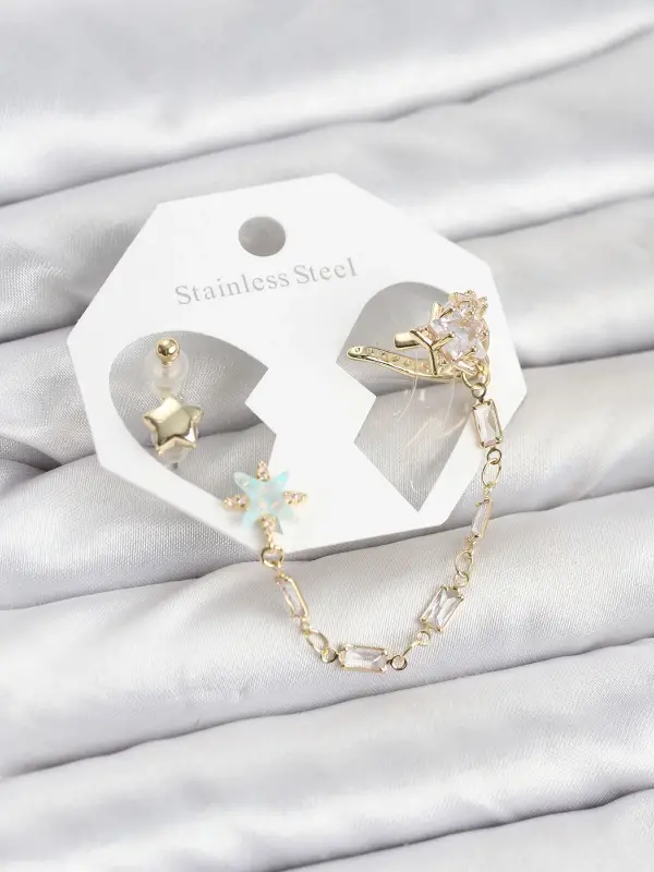 Yıldız Model Pirinç Gold Renk Zincir Bağlantılı Ear Cuff Küpe Seti
