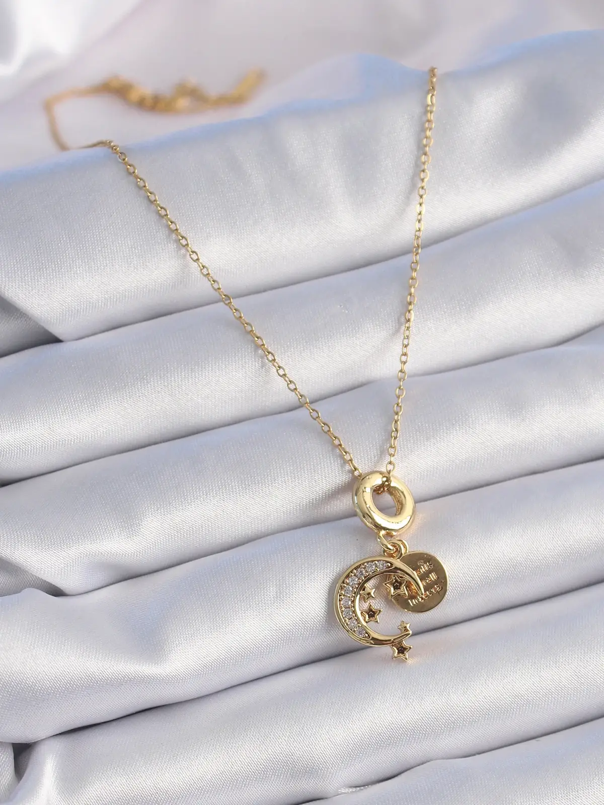 316L Çelik Gold Renk Zirkon Taşlı Ay Yıldız  Model Charm Model Kadın Kolye