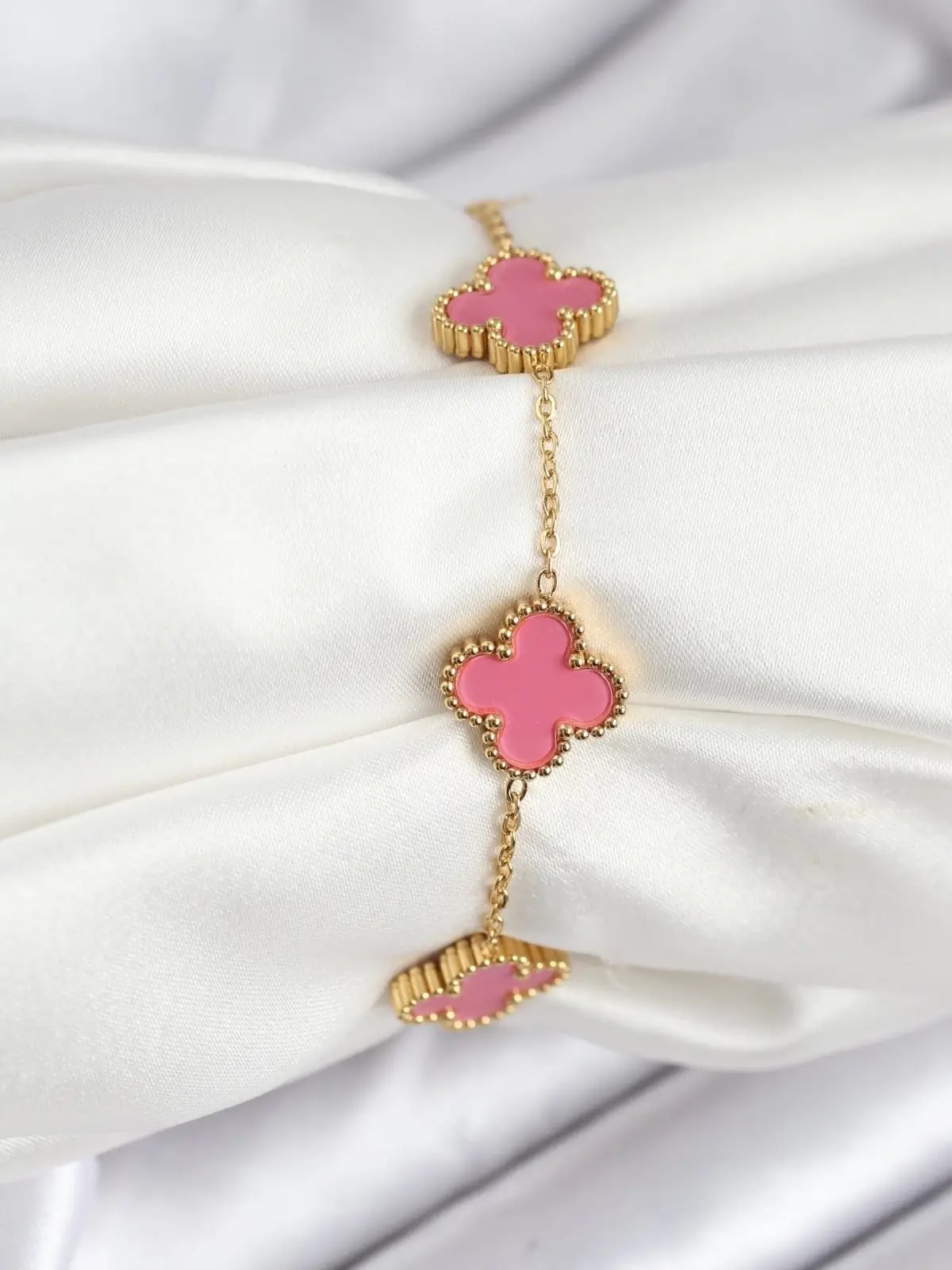 316L Çelik Gold Zincir Pembe Yonca Renk Bileklik