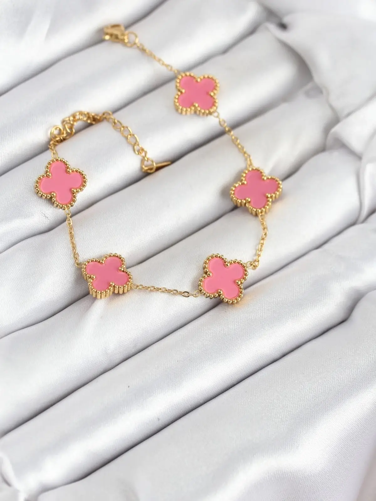 316L Çelik Gold Zincir Pembe Yonca Renk Bileklik