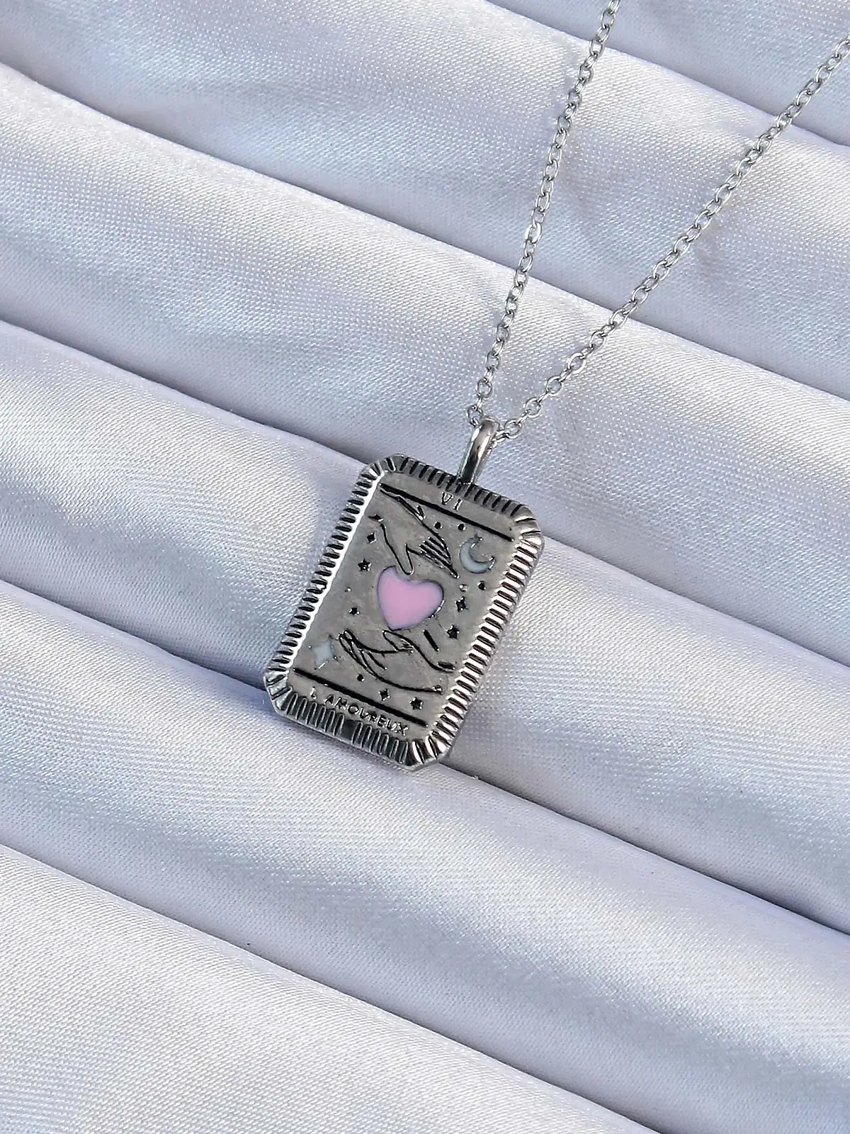 316L Çelik Zincir Eskitme Gümüş Renk Pembe Mineli Kalp Figürlü Tarot Kolye
