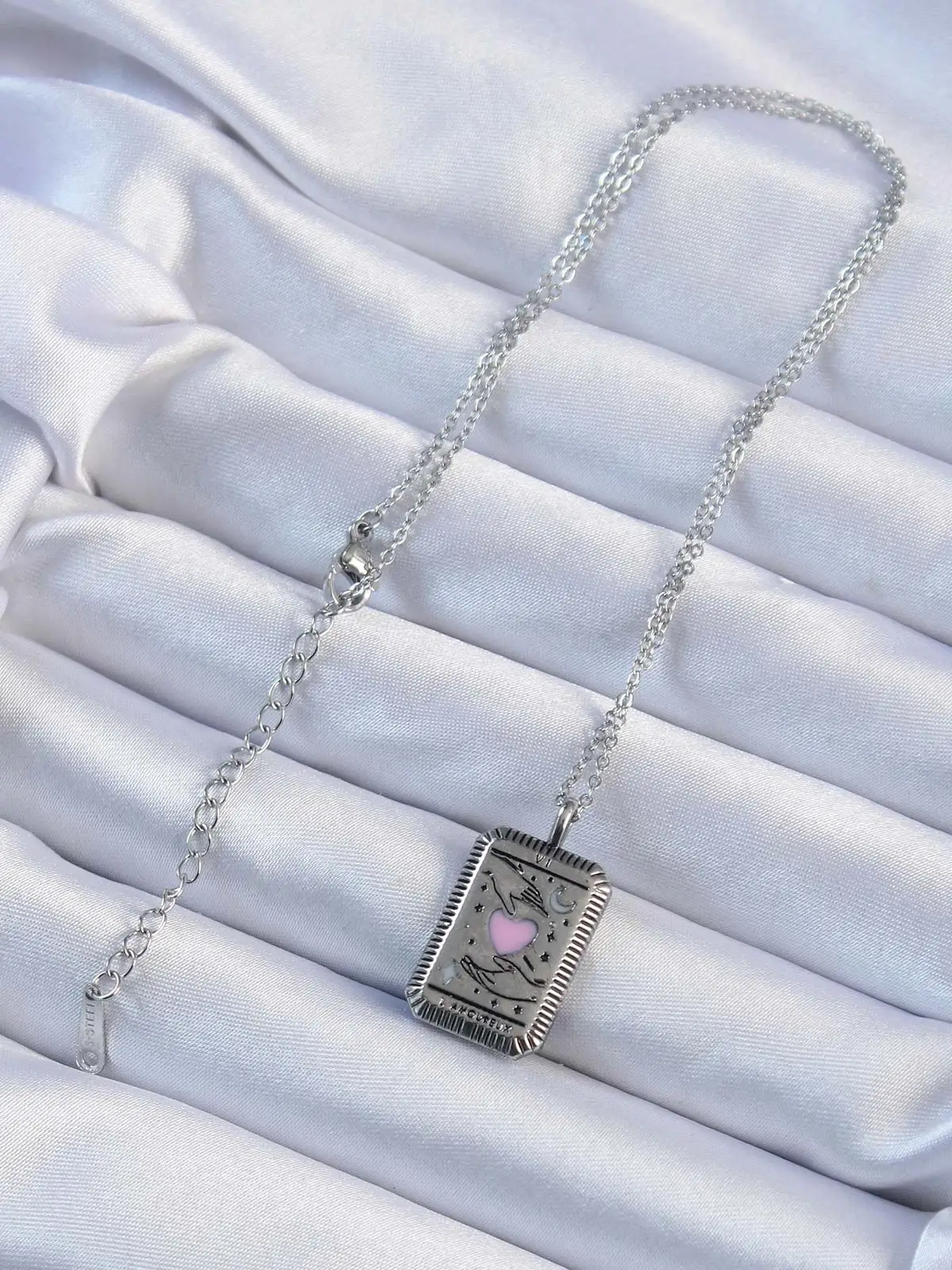 316L Çelik Zincir Eskitme Gümüş Renk Pembe Mineli Kalp Figürlü Tarot Kolye