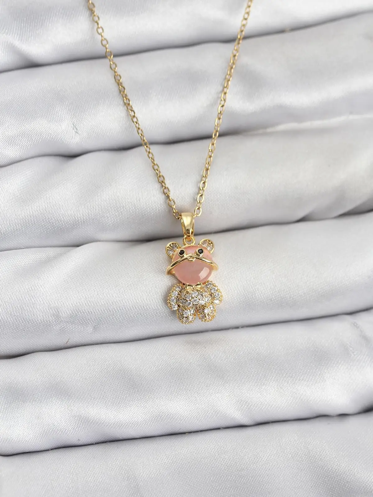 316L Çelik Zincir Gold Renk Teddy Bear Model Zirkon Taşlı Kadın Kolye