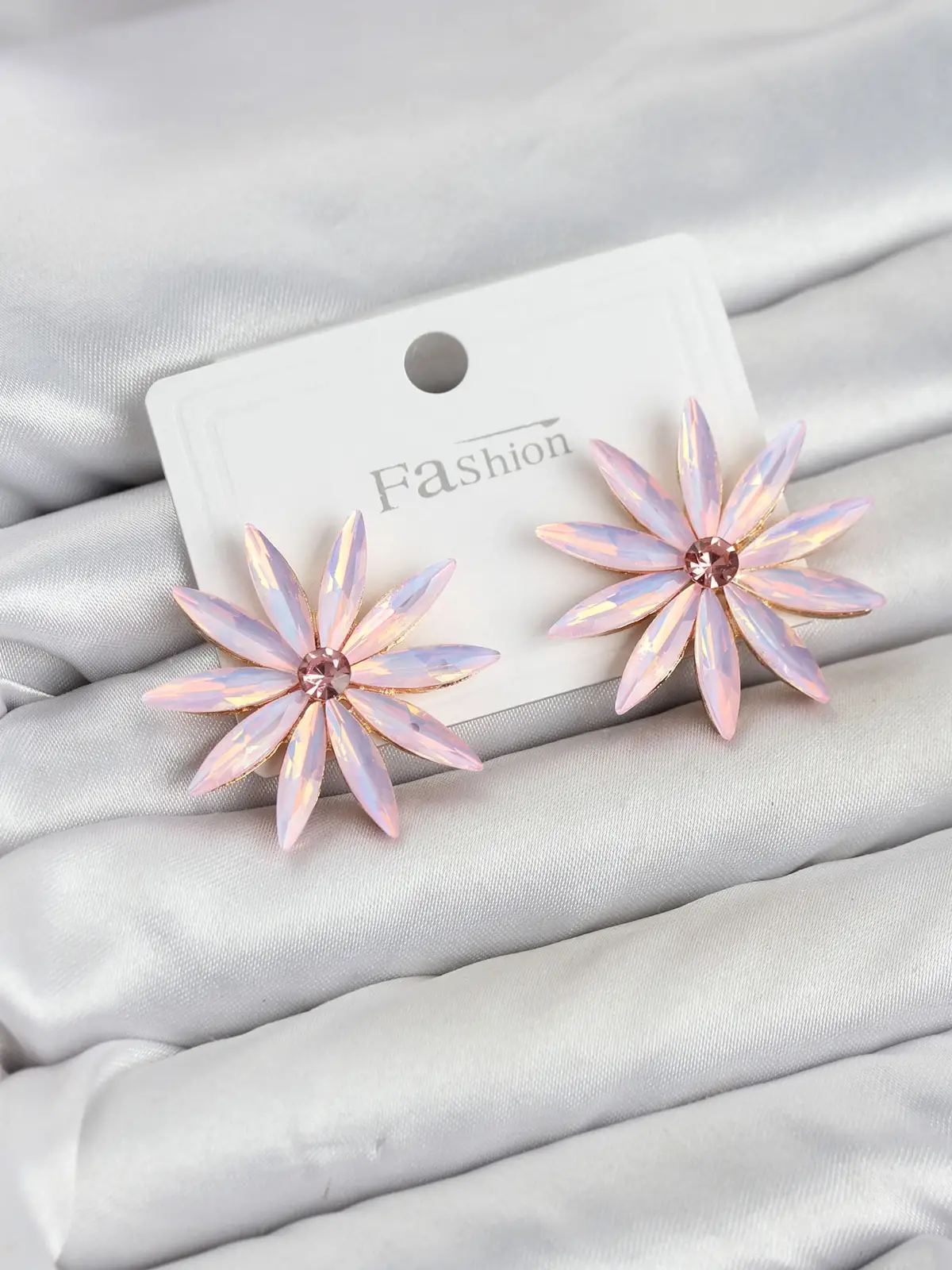 Pembe Kristal Taşlı Lotus Model Kadın Küpe