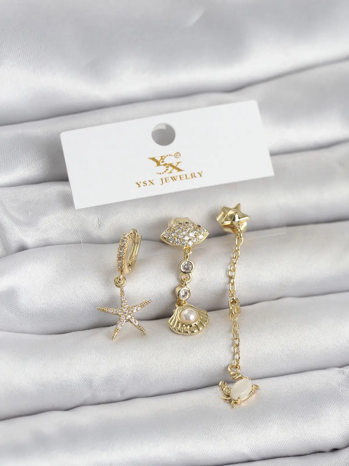 Pirinç Gold Renk Zirkon Taşlı Deniz Temalı 3lü Kadın Küpe
