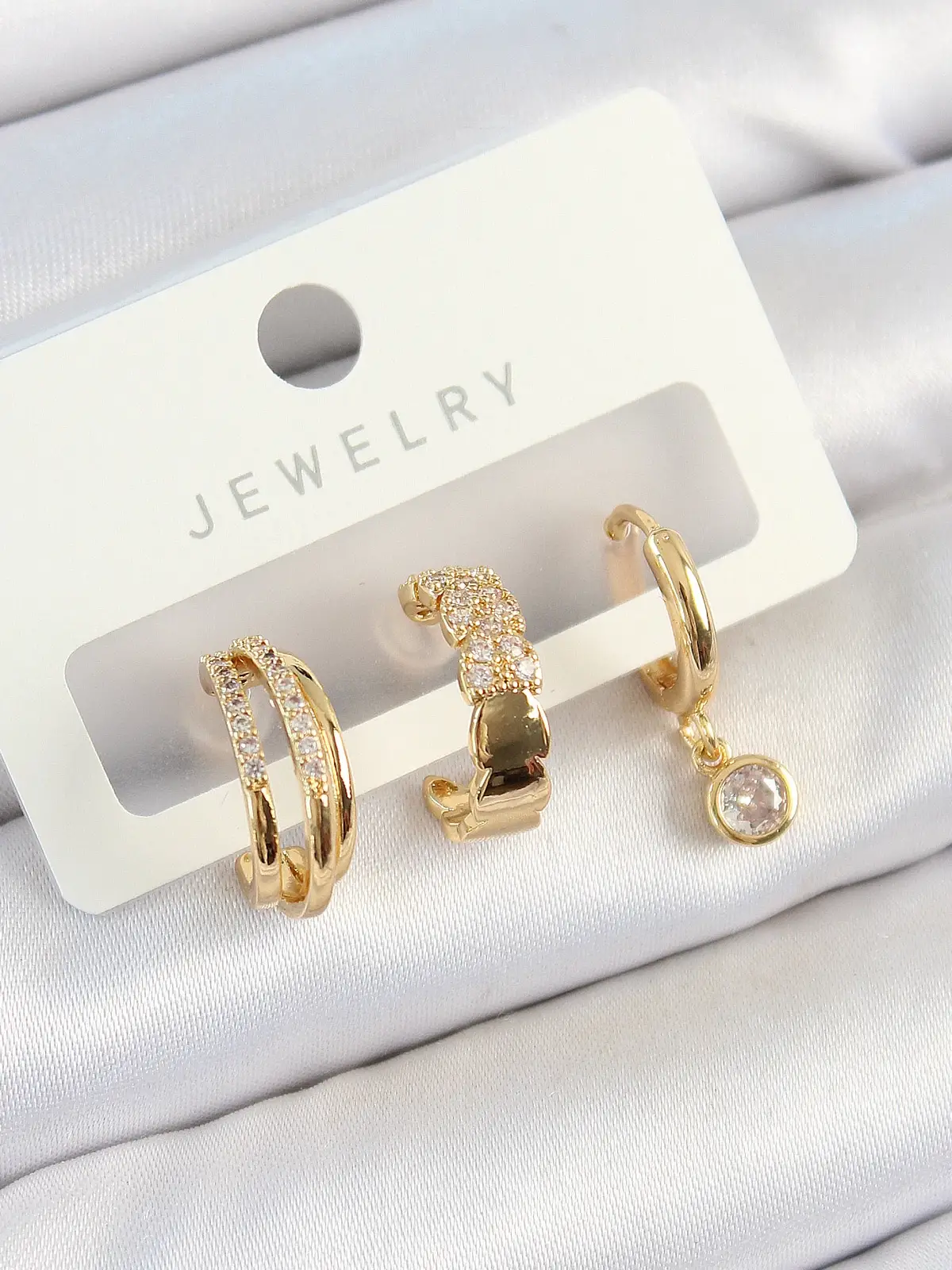 Pirinç Zirkon Taşlı Halka Model Gold Renk 3lü Çift Kadın Küpe Set