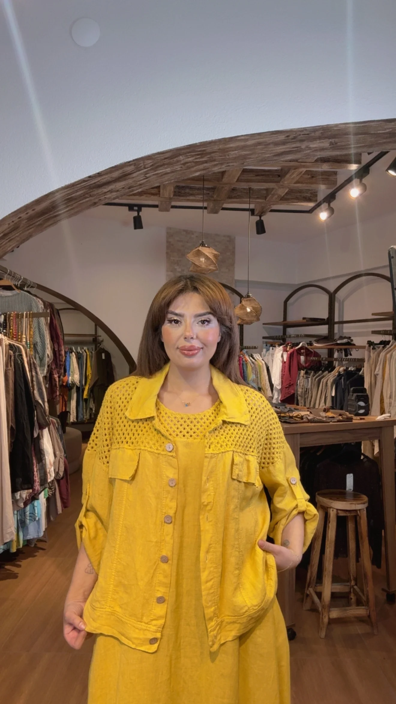 321A LDVS CEKETLİ FİLELİ ELBİSE SARI