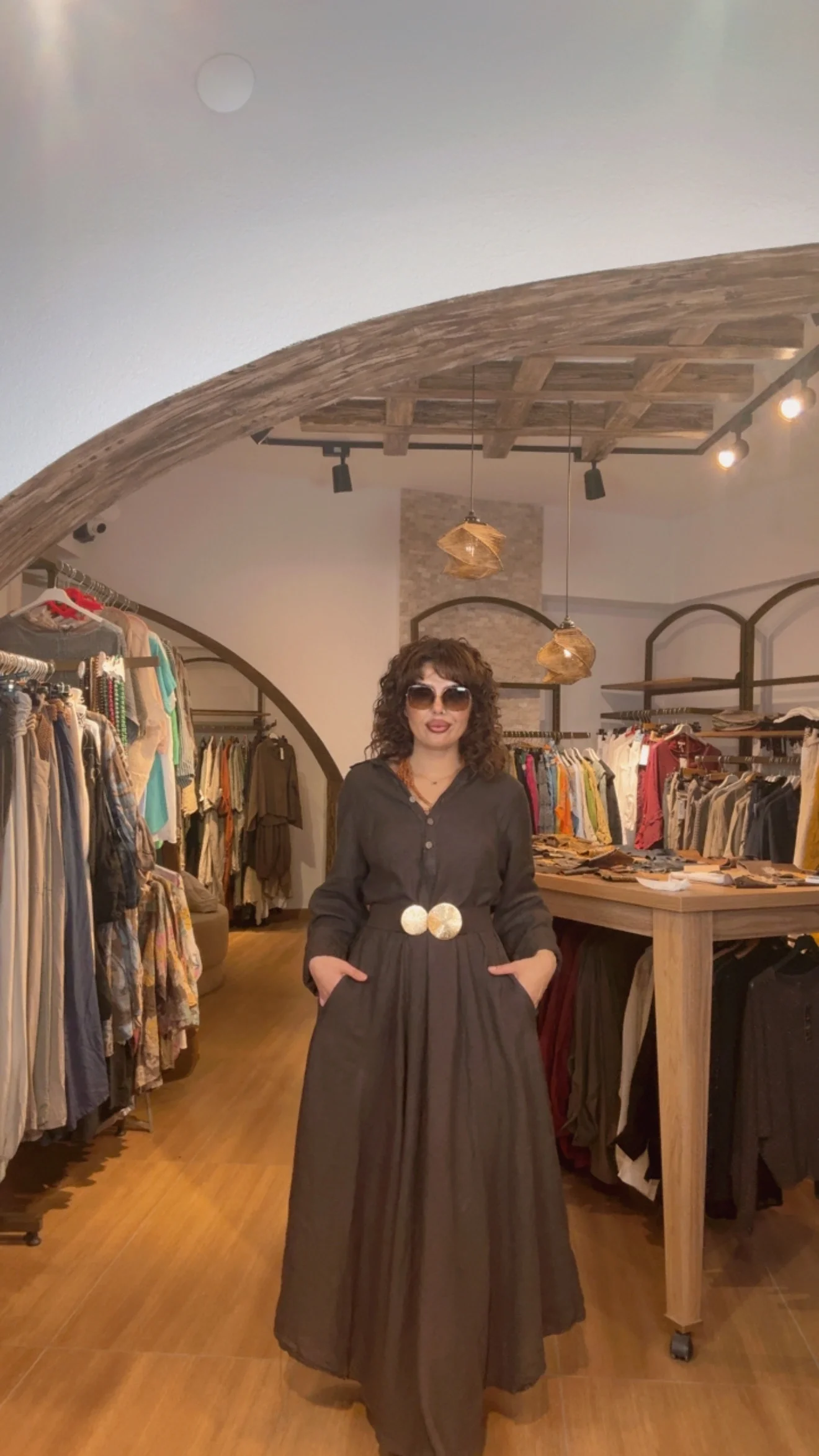 393B LSD İTALYAN DERİN YAKA KETEN ELBİSE ACI KAHVE