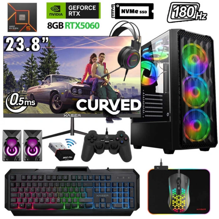 AMD Ryzen 5 7500F 32GB DDR5 Ram 2TB M.2 NVMe SSD 8GB RTX5060 23.8 180Hz Oyuncu Bilgisayarı