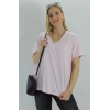Geniş V yaka Tişört Açıkpembe - 1090.35