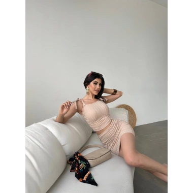 Bağcık Detaylı Crop Bluz Ve Etek İkili Takım