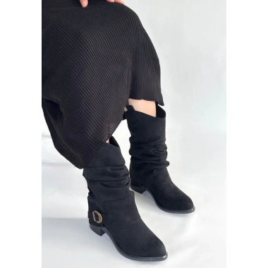 Canty Siyah Süet Körüklü Topuklu Çizme