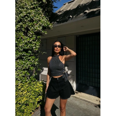 Çizgili Beli Kuşak Detaylı Halter Bluz