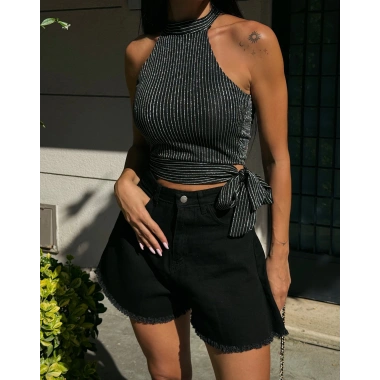 Çizgili Beli Kuşak Detaylı Halter Bluz