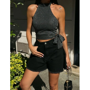 Çizgili Beli Kuşak Detaylı Halter Bluz