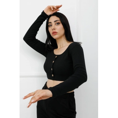 Düğmeli Mini Crop Bady Siyah - P-020494