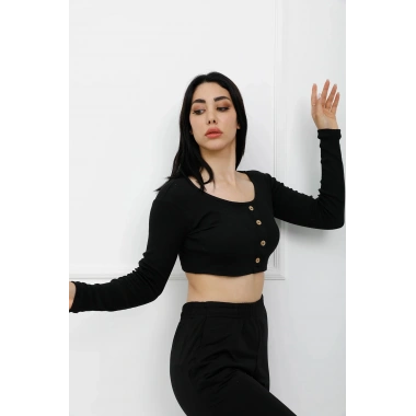 Düğmeli Mini Crop Bady Siyah - P-020494