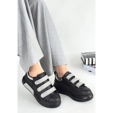 Elika Siyah Cilt Simli Cırt Cırtlı Spor Ayakkabı