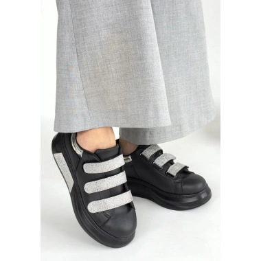 Elika Siyah Cilt Simli Cırt Cırtlı Spor Ayakkabı